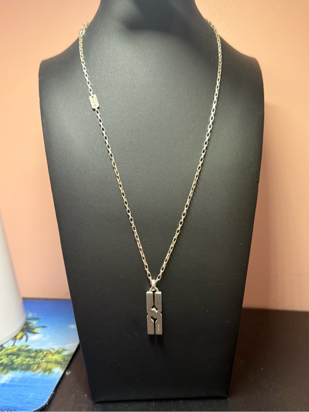 Gucci Silver 925 stamp  Pendant Necklace with Modern Rectangular Charm 20 inch